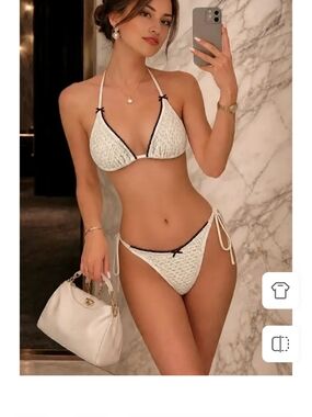 Women’s White Textured Triangle Bikini with Black Trim